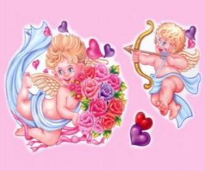 yapboz Cupid ok ve yay kalpler arasında bir buket çiçek ile başka bir melek ile